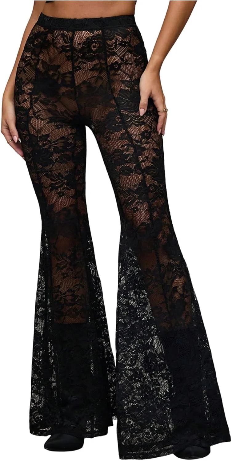 GORGLITTER شلوار زنانه توری گیپور پاچه گشاد، کمر کشی بلند، لباس مهمانی ریو سکسی