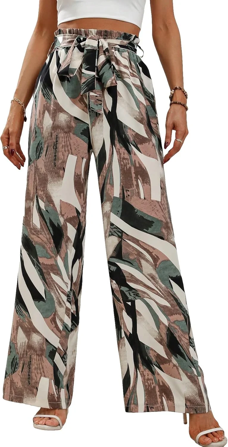 شلوار زنانه GORGLITTER طرح بوهو، کمر بلند، کمربند دار، گشاد و پاچه پهن