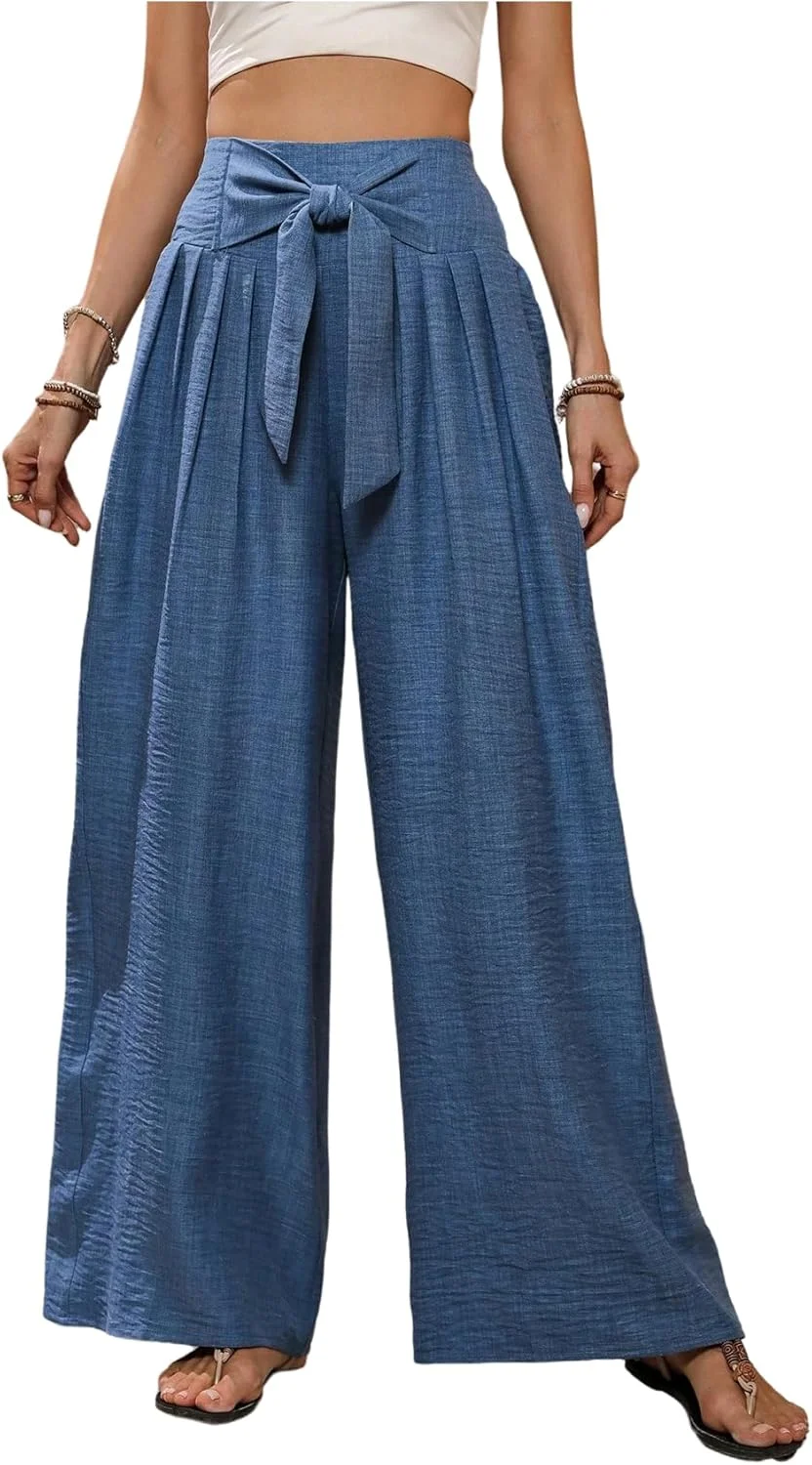 شلوار پالازو زنانه GORGLITTER با پاچه گشاد، کمر بلند، پلیسه دار و دارای قسمت بالاتنه کشی و بند کراواتی