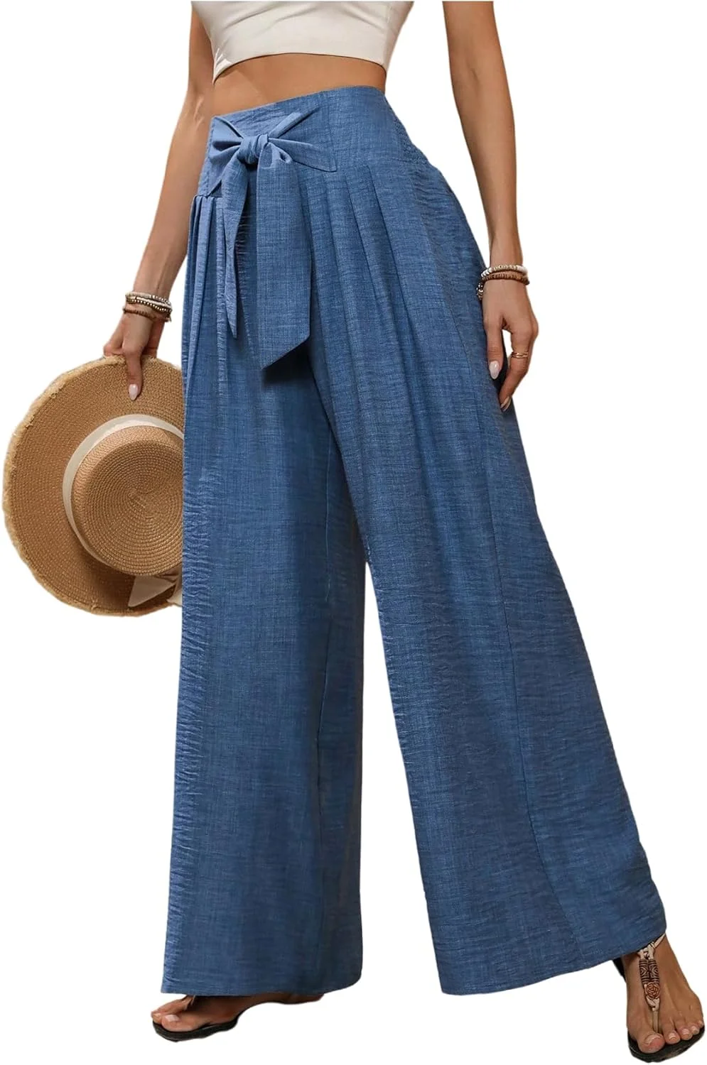 شلوار پالازو زنانه GORGLITTER با پاچه گشاد، کمر بلند، پلیسه دار و دارای قسمت بالاتنه کشی و بند کراواتی