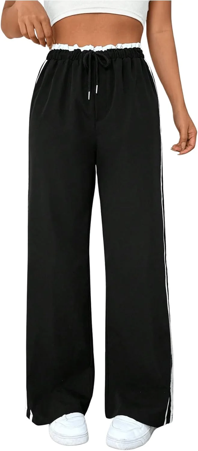 شلوار زنانه گورگلیتر، رنگی بلوک، دارای نوار کناری، پاچه گشاد، بند دار، کمر کشی و آزاد