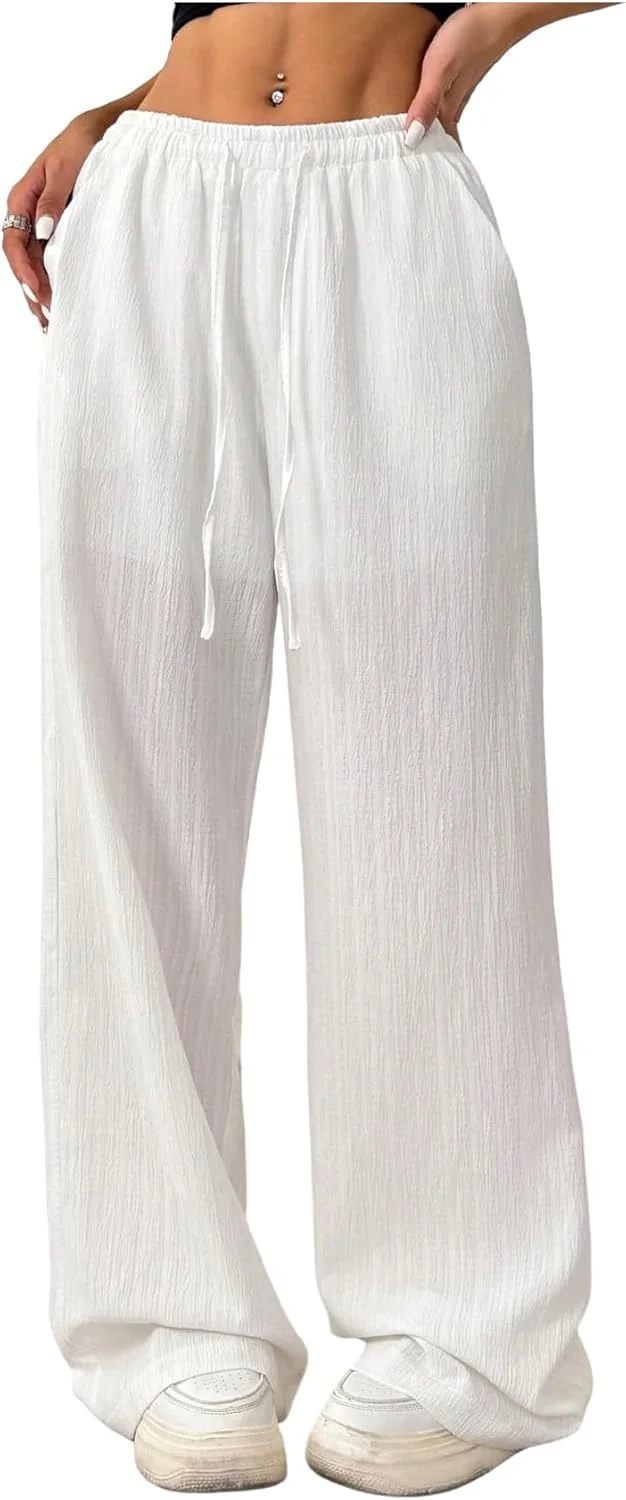 GORGLITTER شلوار زنانه بند دار کمر کشی پاچه گشاد شلوار بلند غیر رسمی با جیب