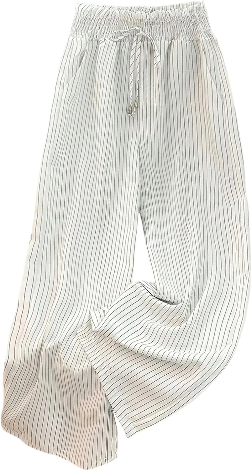 شلوار زنانه گورگلیتر راه راه، بند دار، کمر بلند، پاچه گشاد، مناسب استایل خیابانی