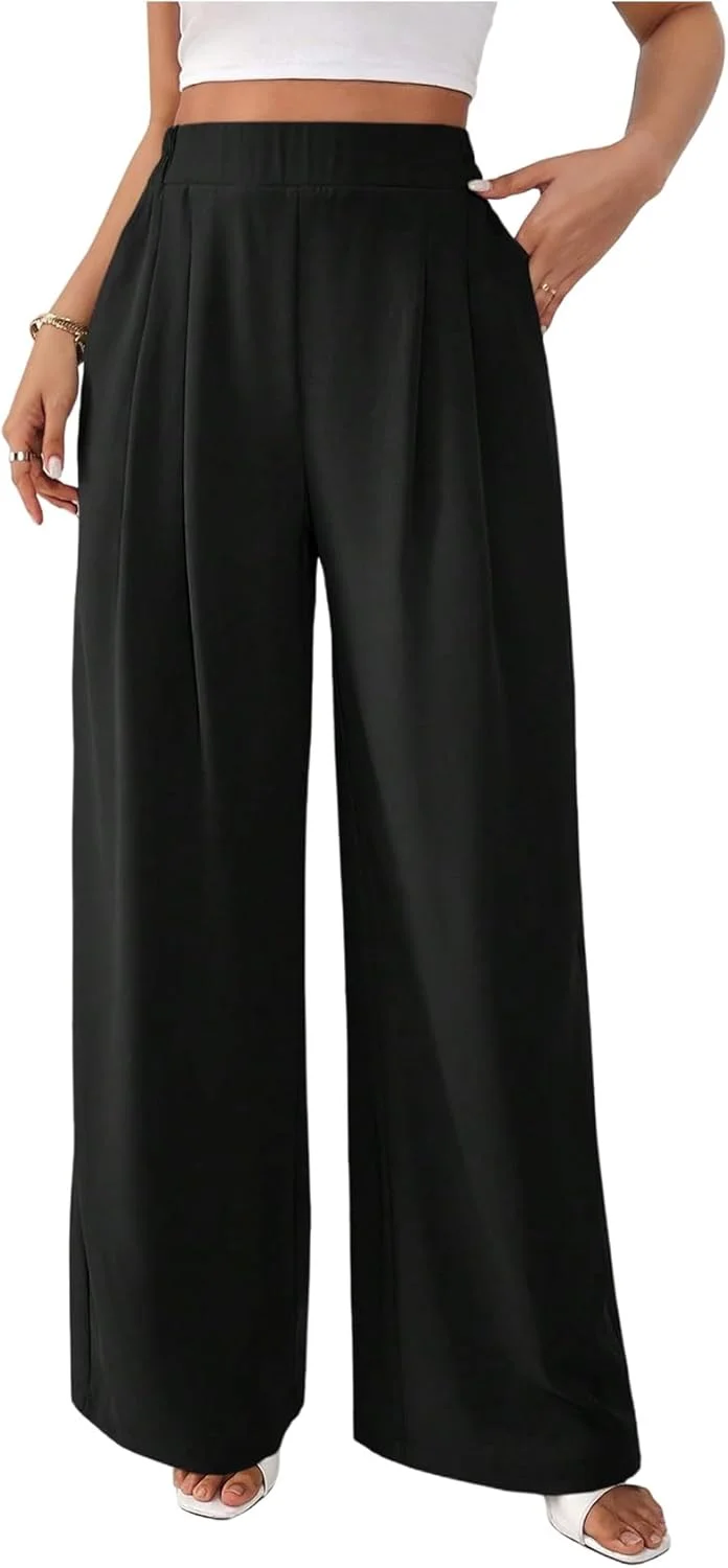 شلوار زنانه گورگلیتر با کمر کشی الاستیک بلند، شلوار پلیسه ای، پاچه های راسته و گشاد، دارای جیب، مشکی، سایز M