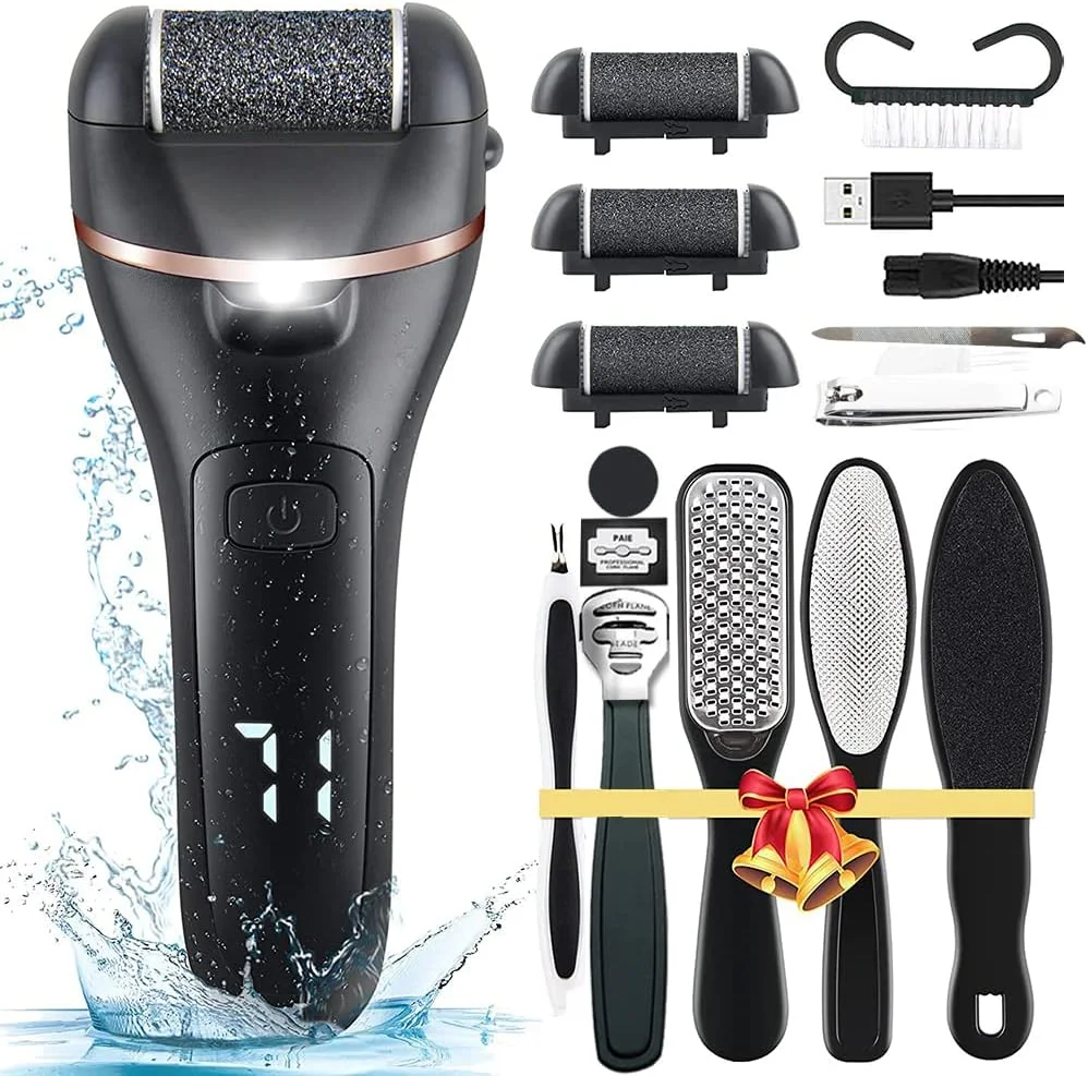 سوهان برقی پدیکور پا، ابزار مراقبت از پا، کیت 13 در 1 از بین برنده پینه برای از بین بردن پاشنه های ترک خورده و پوست مرده، دارای 3 غلتک با 2 سرعت و نمایشگر باتری