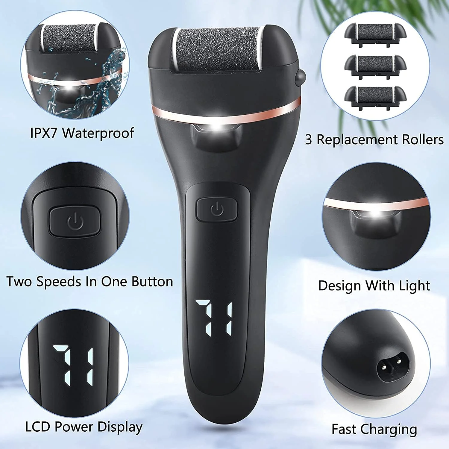 سوهان برقی پدیکور پا، ابزار مراقبت از پا، کیت 13 در 1 از بین برنده پینه برای از بین بردن پاشنه های ترک خورده و پوست مرده، دارای 3 غلتک با 2 سرعت و نمایشگر باتری