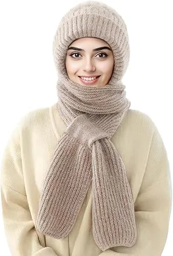 شال و کلاه بافتنی ضخیم 2 در 1 زنانه با محافظ گوش، کلاه گرم زمستانی محافظ گوش برای اسکی، اسکیت، سورتمه سواری، مسافرت، سایز واحد، رنگ جو دوسر