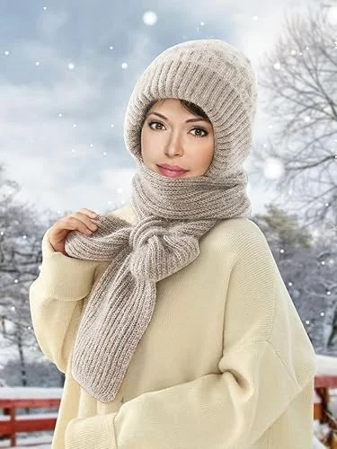 شال و کلاه بافتنی ضخیم 2 در 1 زنانه با محافظ گوش، کلاه گرم زمستانی محافظ گوش برای اسکی، اسکیت، سورتمه سواری، مسافرت، سایز واحد، رنگ جو دوسر