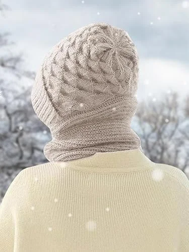 شال و کلاه بافتنی ضخیم 2 در 1 زنانه با محافظ گوش، کلاه گرم زمستانی محافظ گوش برای اسکی، اسکیت، سورتمه سواری، مسافرت، سایز واحد، رنگ جو دوسر