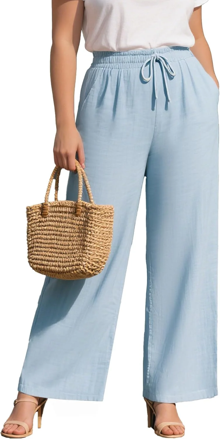 شلوار لینن نخی سایز بزرگ زنانه Evervibe، شلوار پالازو پاچه گشاد تابستانی کمر بلند با بند کشی و جیب