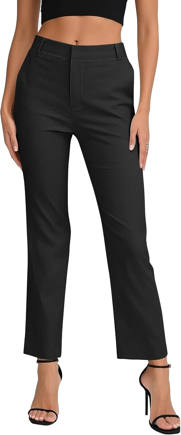 EXCHIC شلوار زنانه راحت و کشی راسته، کمر بلند، مناسب کار، دارای جیب