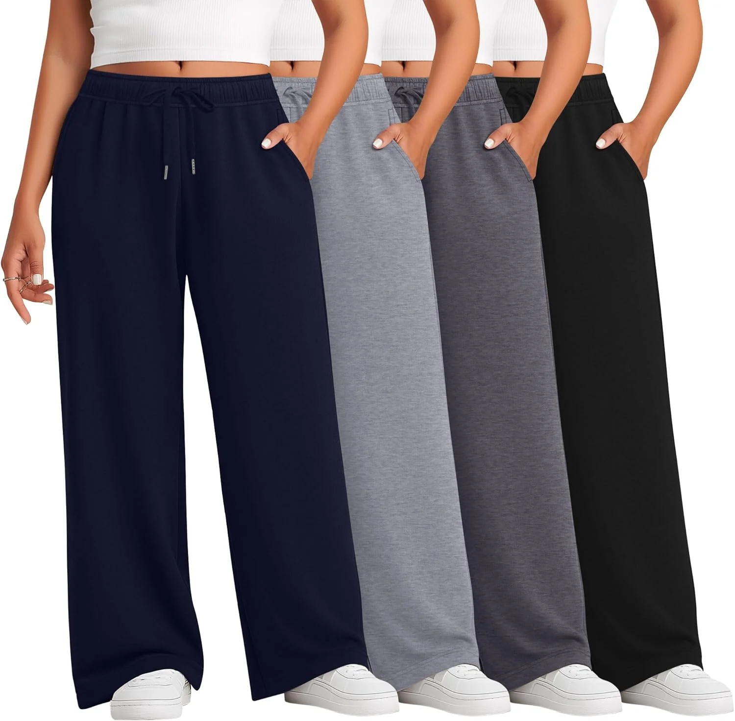 ست 4 عددی شلوار زنانه سایز بزرگ Evervibe، شلوار یوگا، راحتی، پاچه گشاد، کمر بلند، بند دار و دارای جیب