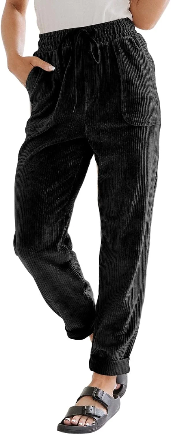 شلوار مخمل کبریتی زنانه EVALESS، شلوار راحتی بند دار کمر کشی الاستیک با فاق بلند و پاچه های راسته، شلوار گشاد و راحت با جیب، 1b1 مشکی، XXL