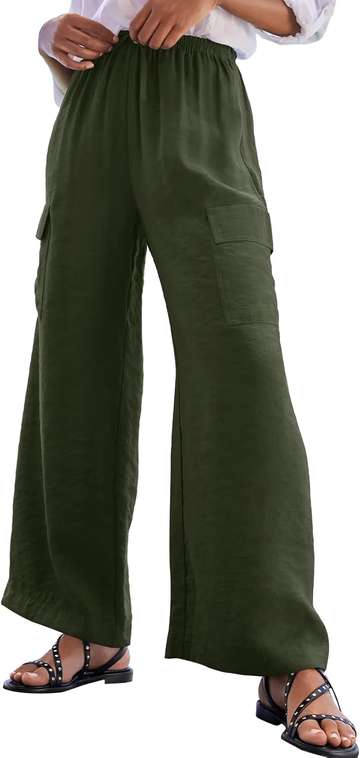 شلوار گشاد زنانه EVALESS، مناسب تابستان 2024، سبک و خنک برای ساحل، کمر بلند، شلوار راحتی گشاد با جیب، سبز خزه ای، سایز M