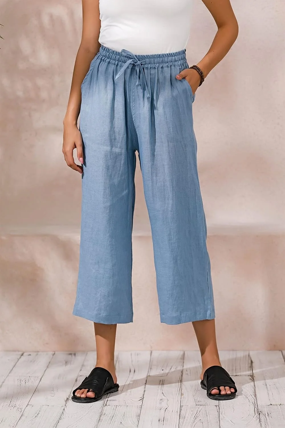 ECUPPER شلوار کتان زنانه، مدل جذب، کتان گشاد، قد کاپری، سایز بزرگ، کمر کشی با بند، آبی روشن، سایز 18 پلاس
