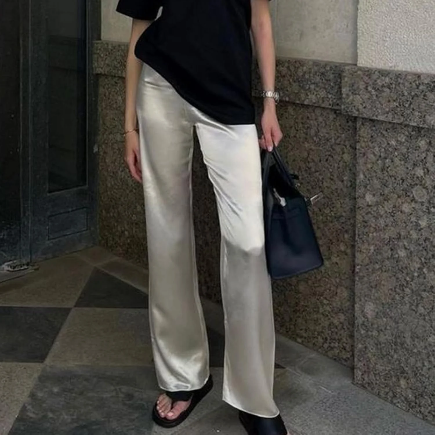 شلوار ابریشمی زنانه پاچه گشاد، کمر کشی، فاق بلند، رنگ ثابت، شلوار راحتی، شلوار ساتن نرم و راحت