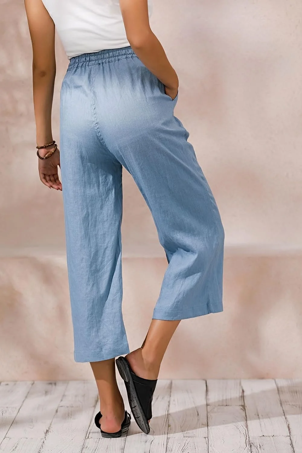 ECUPPER شلوار کتان زنانه، مدل جذب، کتان گشاد، قد کاپری، سایز بزرگ، کمر کشی با بند، آبی روشن، سایز 18 پلاس