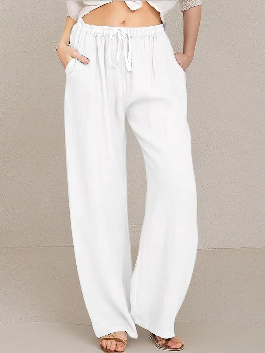 شلوار زنانه لینن نخی ایباسی، کمر کشی الاستیک با بند، پاچه گشاد، مناسب استراحت، پالازو، شلوار یوگا