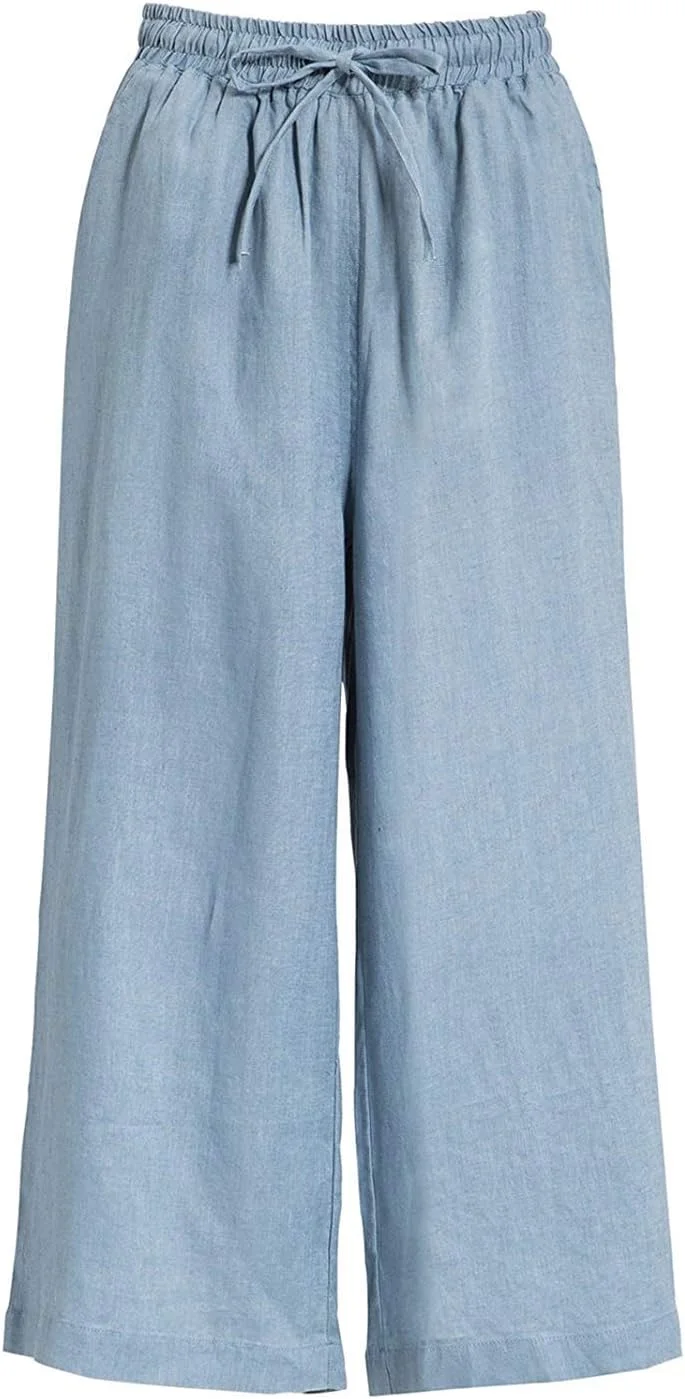 ECUPPER شلوار کتان زنانه، مدل جذب، کتان گشاد، قد کاپری، سایز بزرگ، کمر کشی با بند، آبی روشن، سایز 18 پلاس