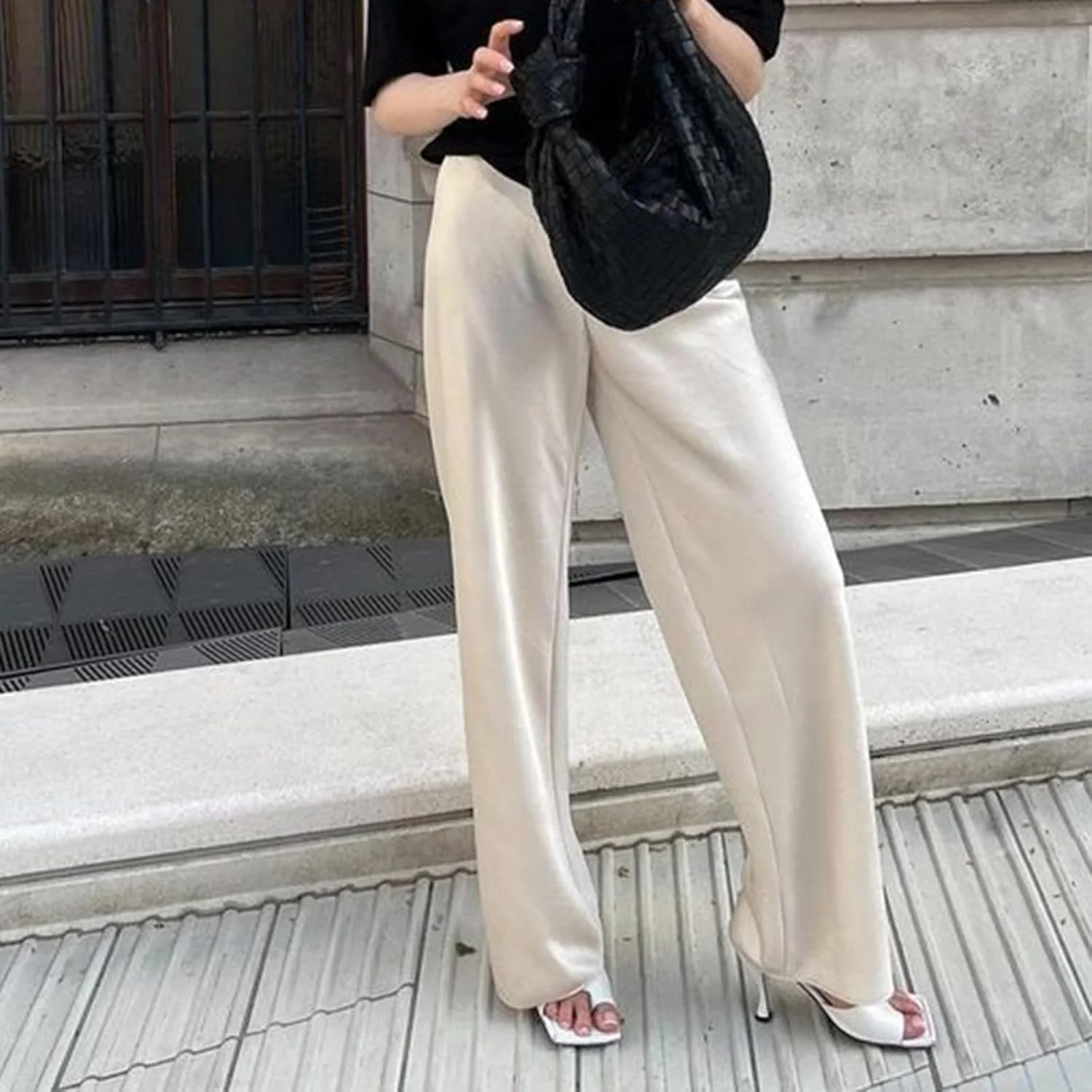 شلوار ابریشمی زنانه پاچه گشاد، کمر کشی، فاق بلند، رنگ ثابت، شلوار راحتی، شلوار ساتن نرم و راحت