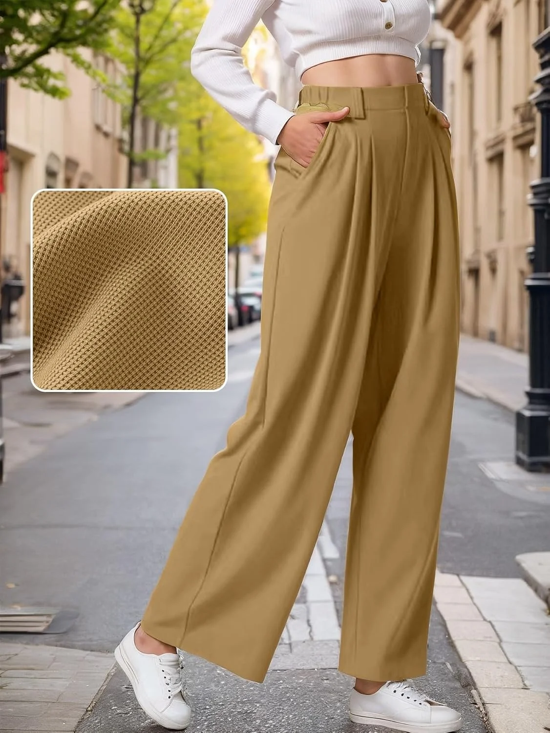 شلوار کار زنانه پاچه گشاد، کمر کشی بلند، شلوار پالازو مجلسی، بافت وافلی، شلوار غیر رسمی تجاری با جیب
