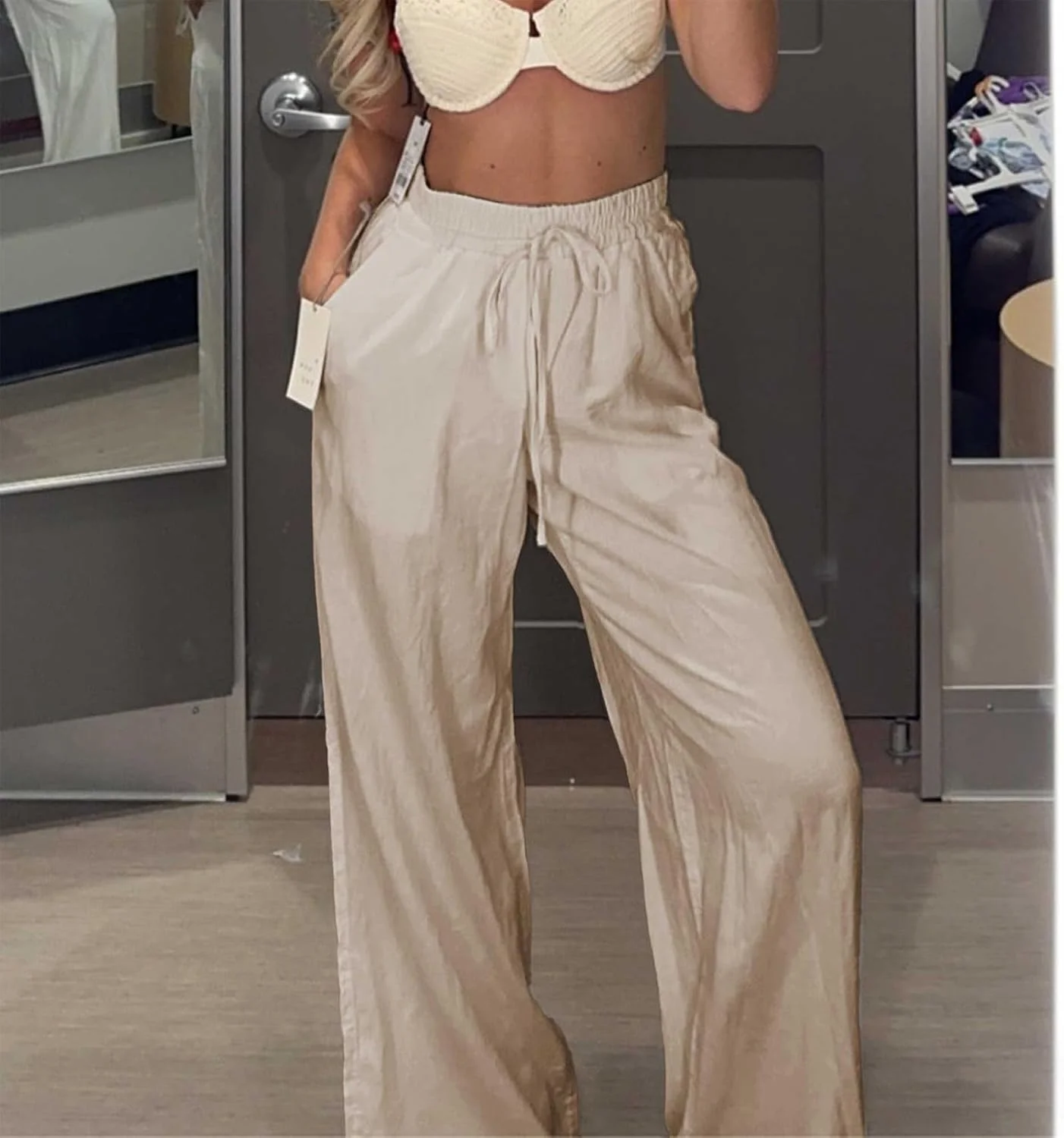 Duyang شلوار پالازو زنانه نخی و کتان، کمر کشی بند دار، گشاد و راحت به همراه جیب