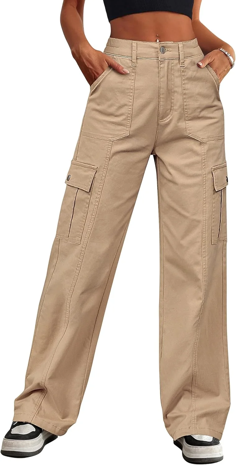 شلوار کارگو زنانه Eddoyee، کشی، کمر بلند، 6 جیب، پاچه های پهن راسته، شلوار جین گشاد غیر رسمی، مچ بند های بند دار