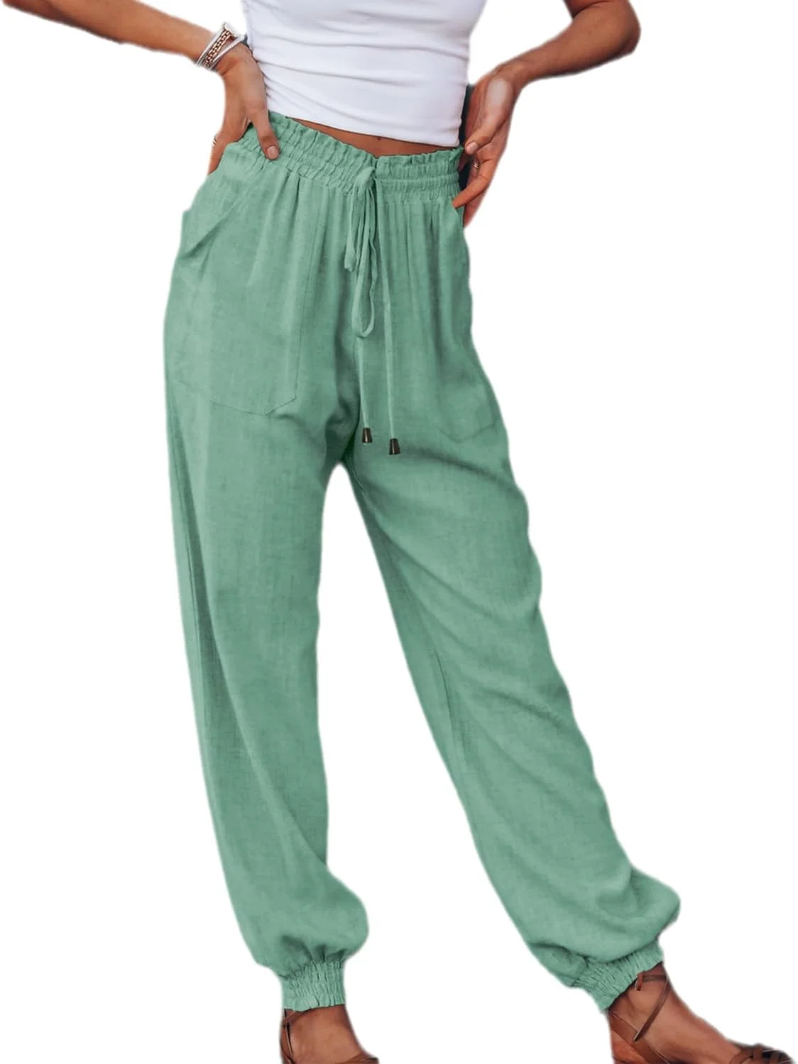 شلوار زنانه گشاد و بلند با کمر کشی و بند دار، مناسب استفاده روزمره، کار، یوگا، ورزش، پیاده روی، دویدن، رنگ ثابت، سبک و کشسان به همراه جیب