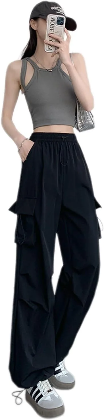 شلوار کارگو زنانه، بند دار، کمر کشی، مدل پارچه ای، گشاد و پاچه پهن، دارای جیب
