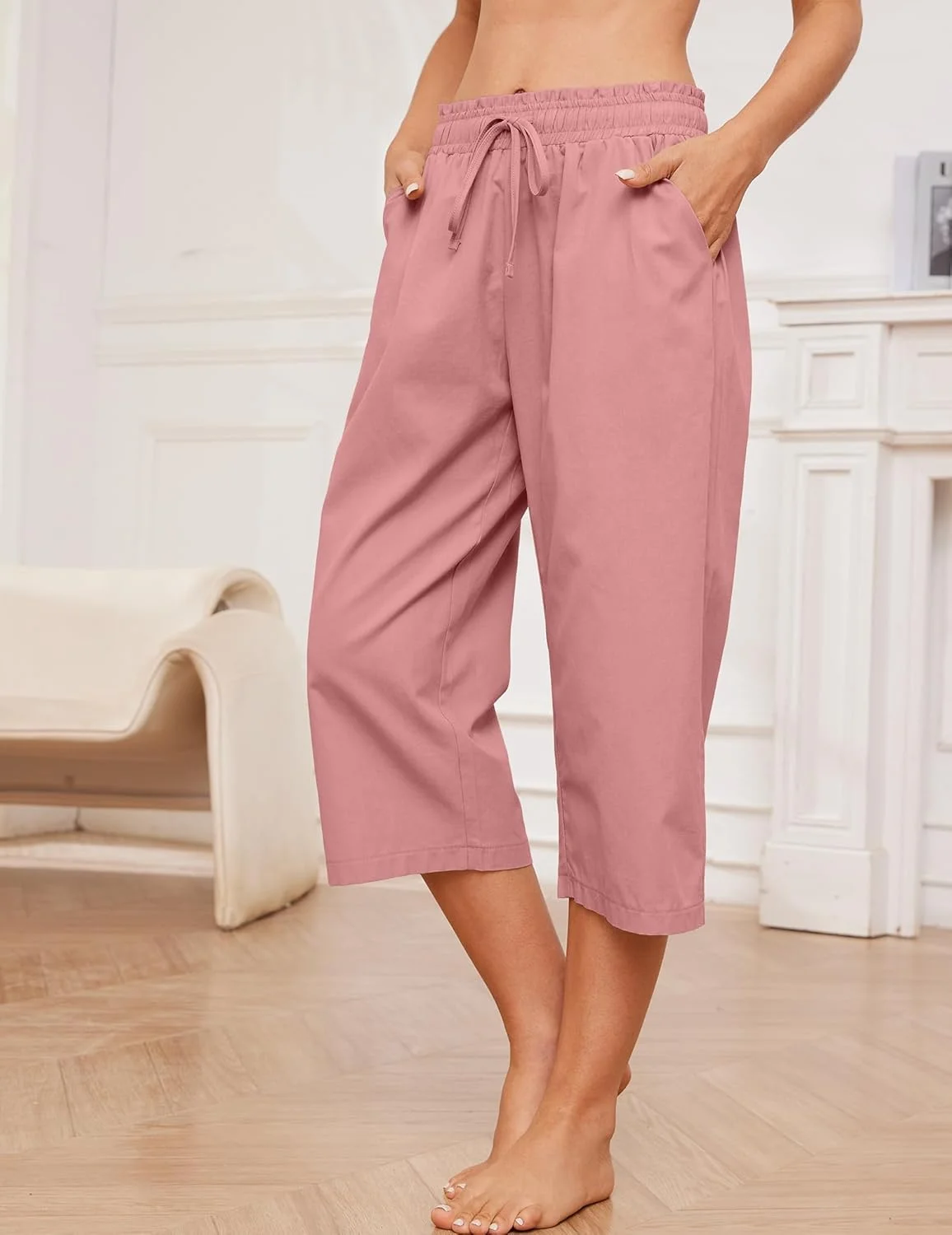 شلوار کاپری زنانه پاچه گشاد، بند دار، کمر کشی الاستیک، شلوار جاگر، شلوارک غیر رسمی با جیب شلوار کاپری زنانه پاچه گشاد، بند دار، کمر کشی الاستیک، شلوار جاگر، شلوارک غیر رسمی با جیب