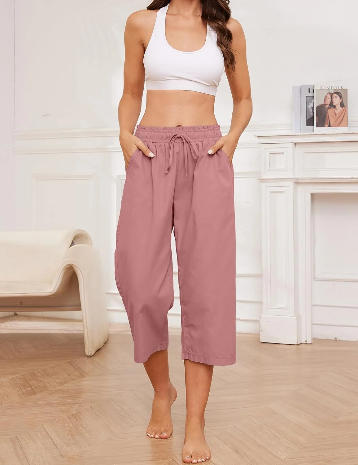 شلوار کاپری زنانه پاچه گشاد، بند دار، کمر کشی الاستیک، شلوار جاگر، شلوارک غیر رسمی با جیب