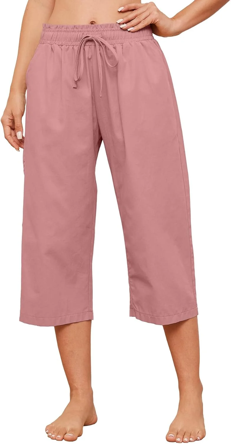 شلوار کاپری زنانه پاچه گشاد، بند دار، کمر کشی الاستیک، شلوار جاگر، شلوارک غیر رسمی با جیب