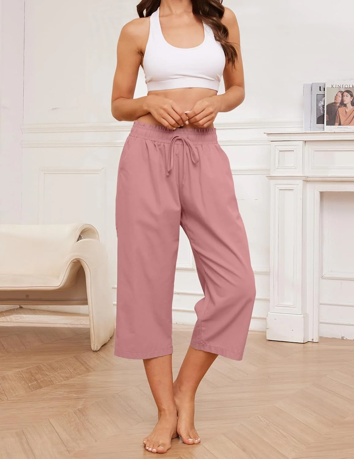 شلوار کاپری زنانه پاچه گشاد، بند دار، کمر کشی الاستیک، شلوار جاگر، شلوارک غیر رسمی با جیب