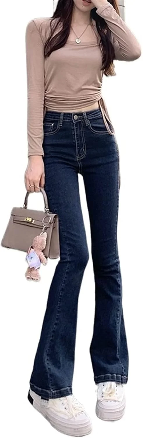 شلوار زنانه UGFVGYTG، شلوار جین راسته و جذب زنانه با کمر بلند، طرح وینتیج و کشی، مناسب استایل خیابانی، شلوار مام استایل، شلوار دمپا گشاد (Hortel,S)