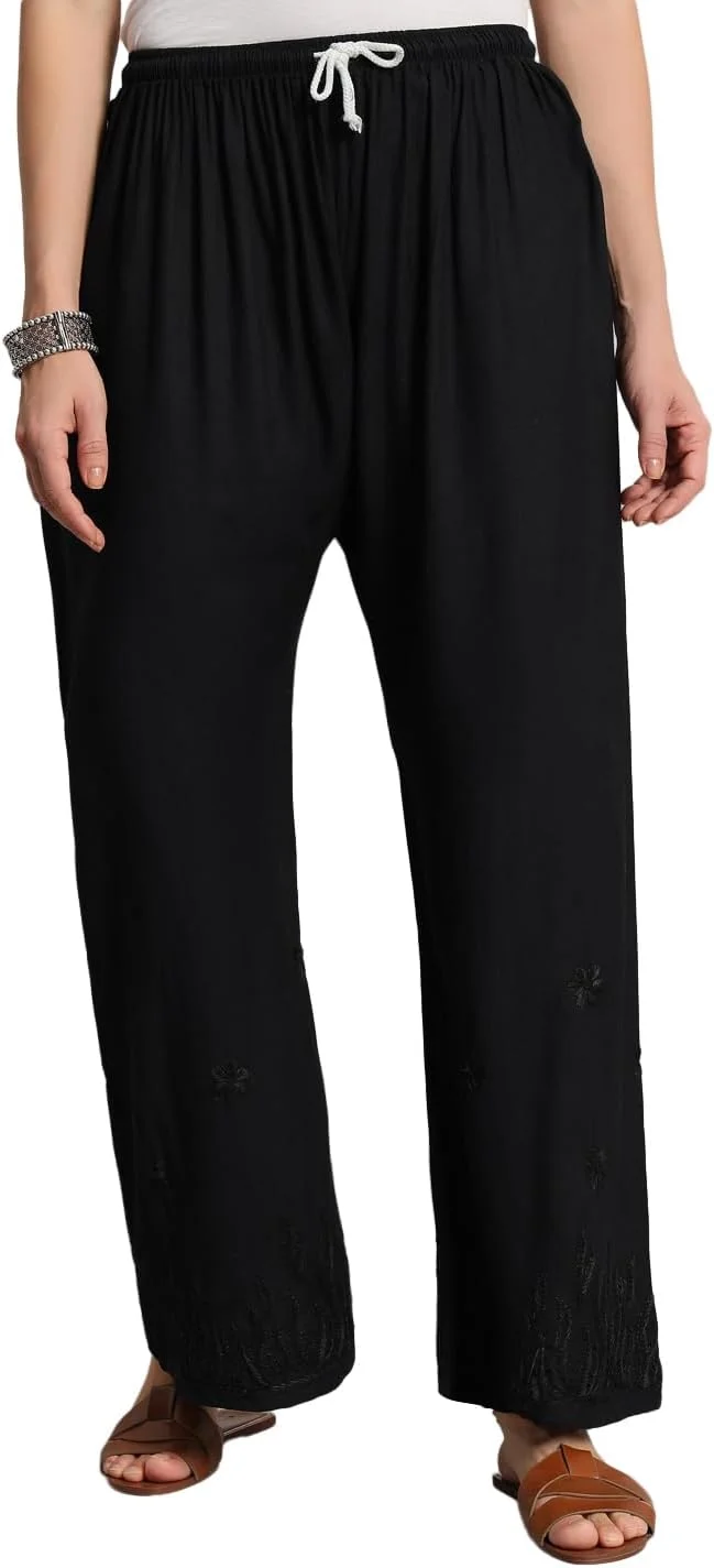 شلوار پالازو نخی مشکی زنانه با گلدوزی مشکی | لباس زیر этнический راحت برای لباس های جشن، غیر رسمی و مهمانی