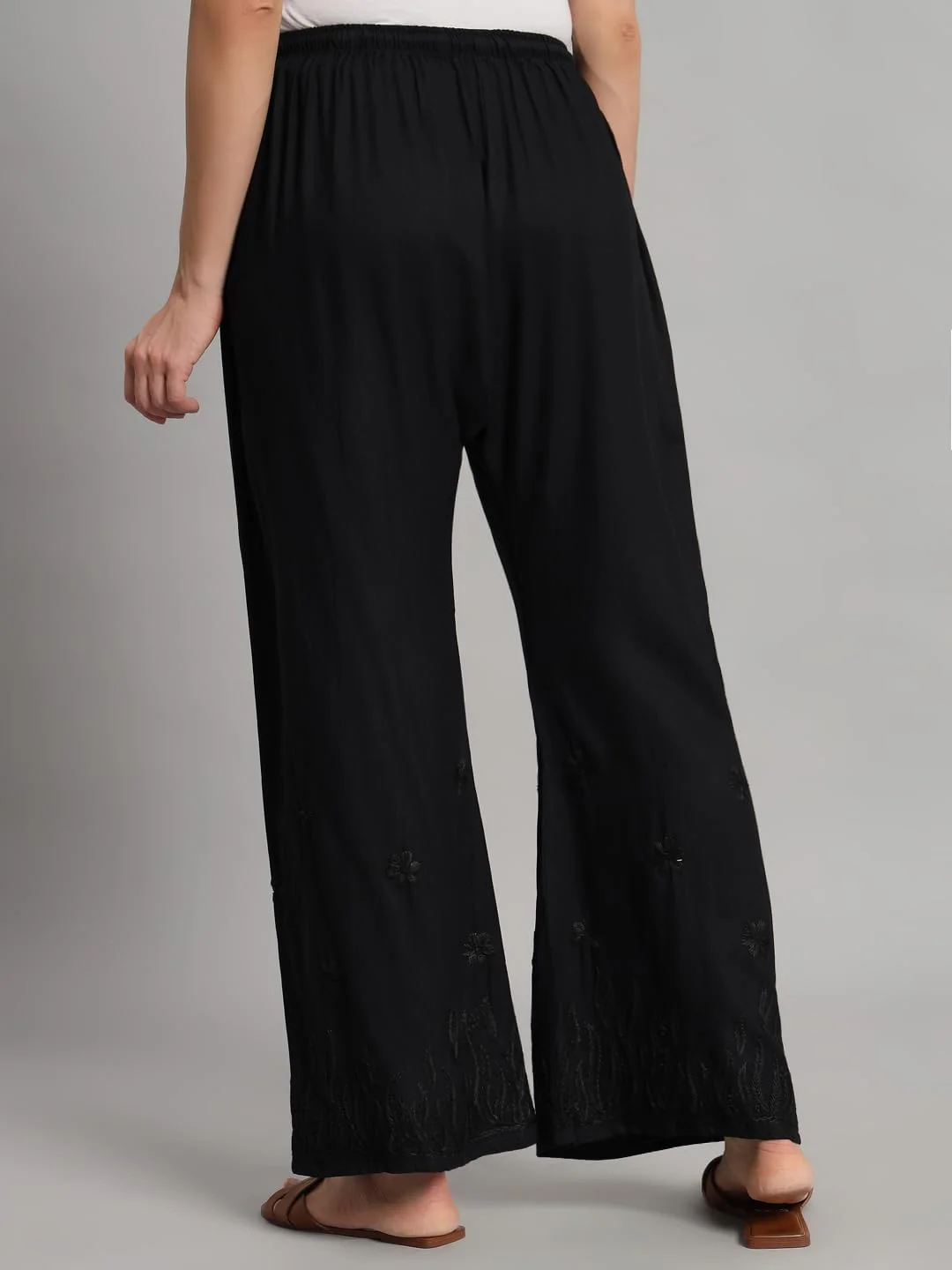 شلوار پالازو نخی مشکی زنانه با گلدوزی مشکی | لباس زیر этнический راحت برای لباس های جشن، غیر رسمی و مهمانی