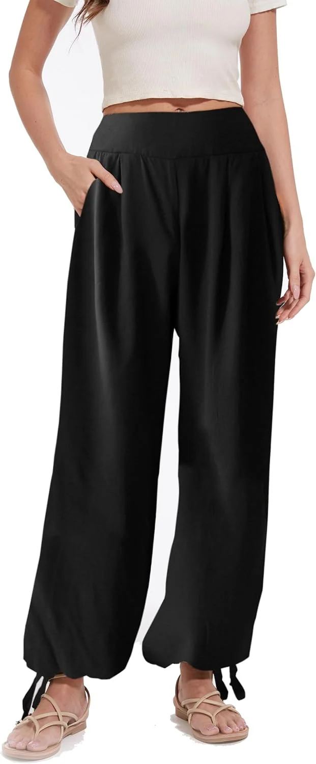 DONGDAOZHU شلوار زنانه کمر کشی، مدل هارم، هیپی، بوهو، گشاد، مناسب استفاده روزمره، پاچه گشاد (سایز L, رنگ B) مشکی