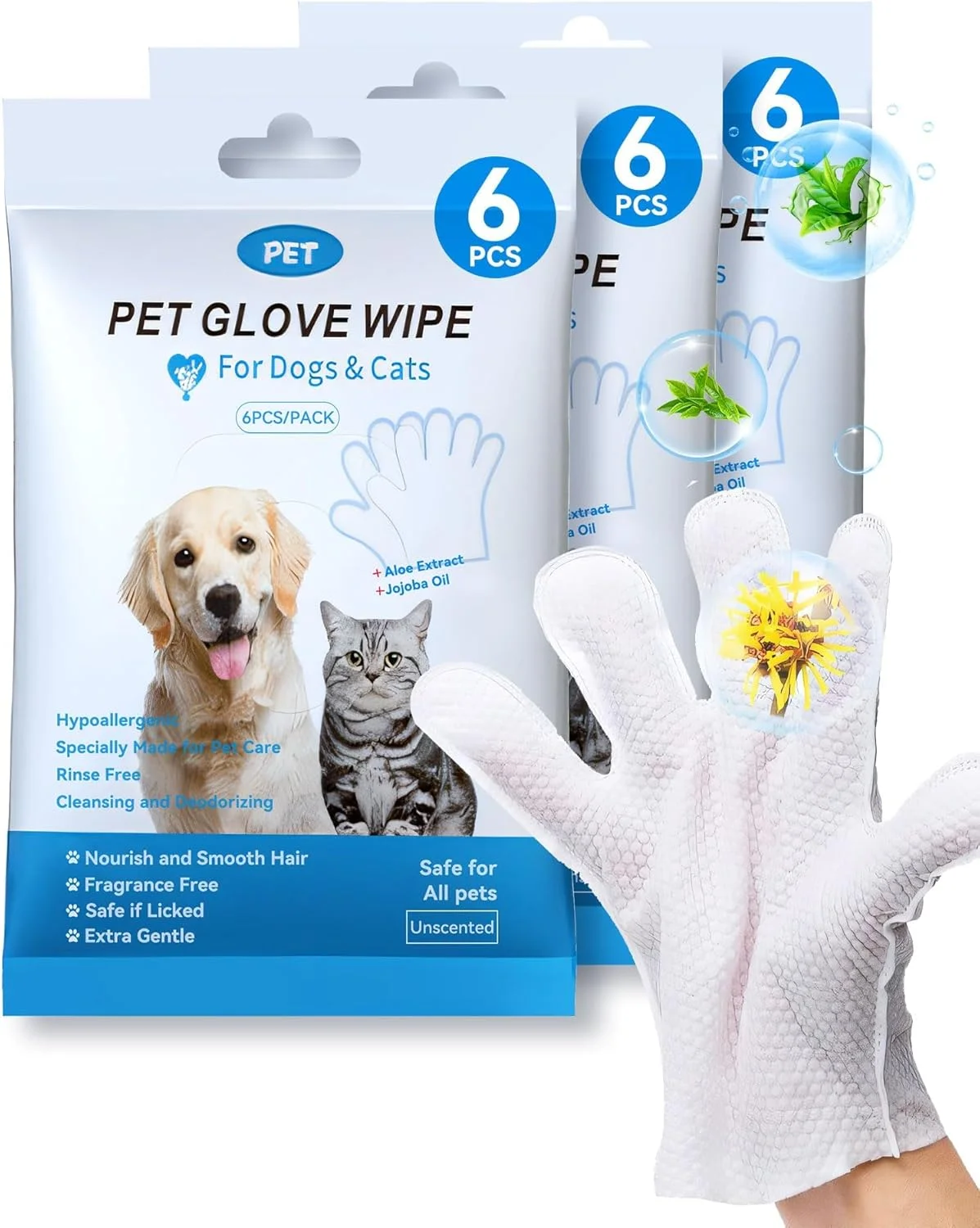 دستمال مرطوب دستکشی حیوانات خانگی مومو بیر، دستکش های نظافتی تمیز کننده و خوشبو کننده، دستمال مرطوب سگ برای نظافت روزانه شخصی، دستمال مرطوب نظافت حیوانات خانگی برای گربه ها، بدون بو و عطر، 3 بسته / 18 بسته