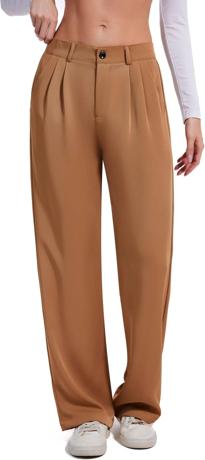 شلوار زنانه رسمی کمر بلند Double Plus Open، مناسب محیط کار و استایل کژوال، به همراه جیب، قهوه ای، سایز 14