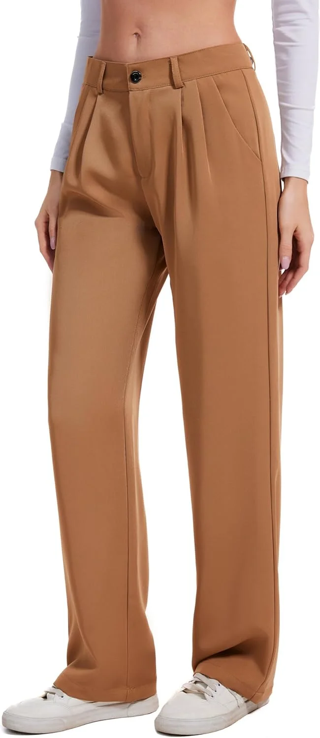 شلوار زنانه رسمی کمر بلند Double Plus Open، مناسب محیط کار و استایل کژوال، به همراه جیب، قهوه ای، سایز 14