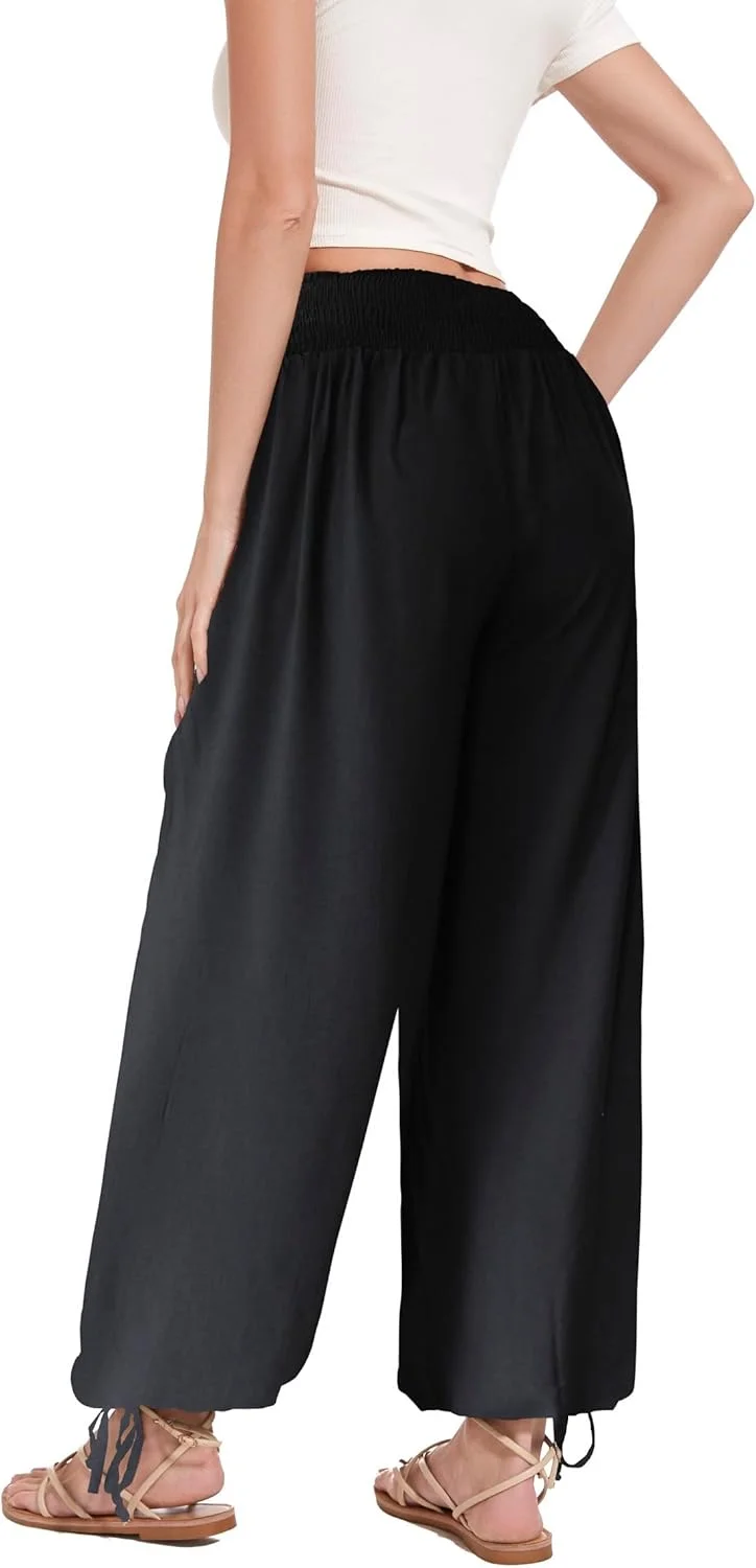 DONGDAOZHU شلوار زنانه کمر کشی، مدل هارم، هیپی، بوهو، گشاد، پاچه پهن، مشکی (سایز L, B)