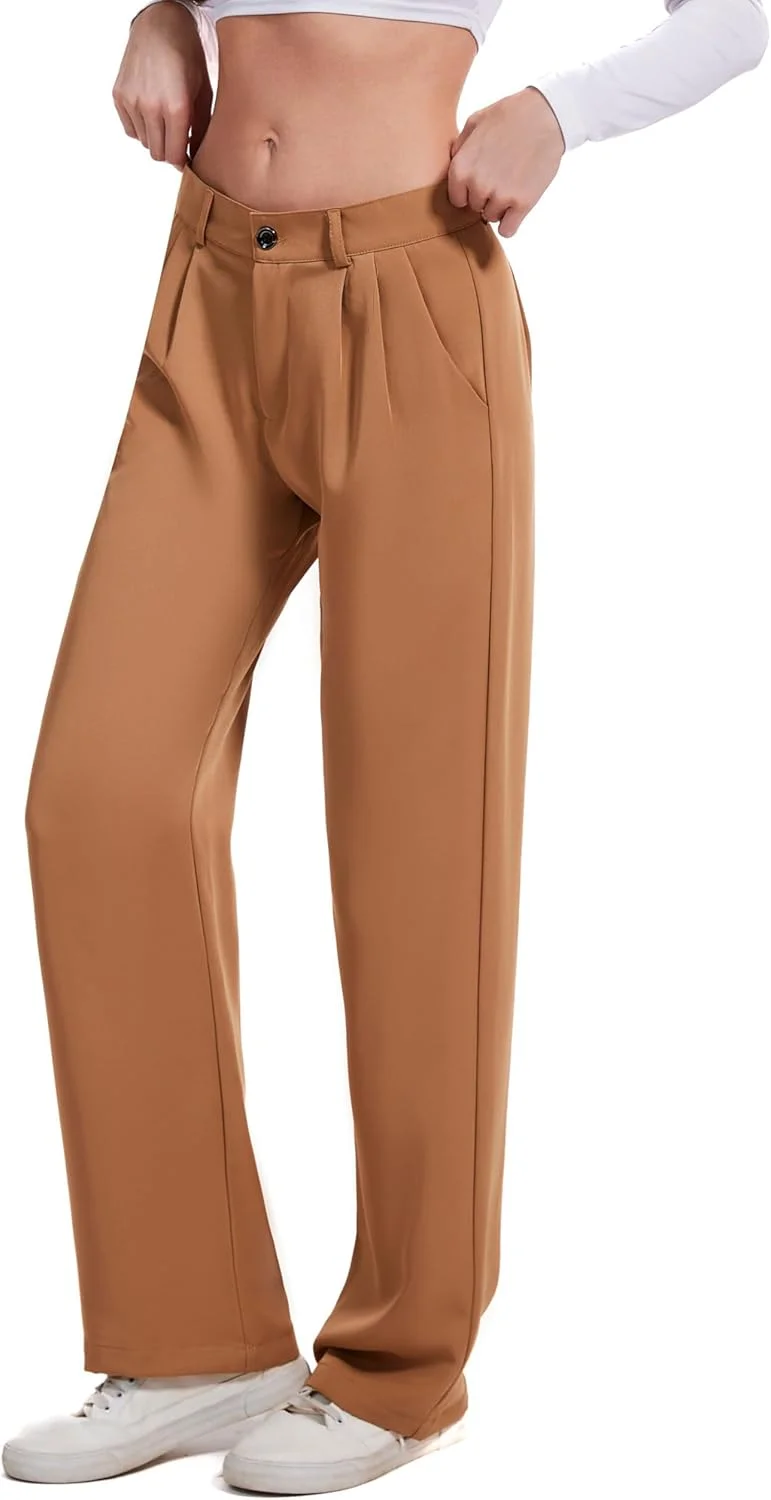 شلوار زنانه رسمی کمر بلند Double Plus Open، مناسب محیط کار و استایل کژوال، به همراه جیب، قهوه ای، سایز 14
