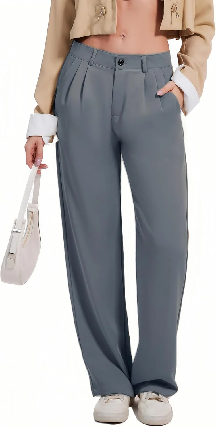 شلوار زنانه کمر بلند دبل پلاس، مناسب استایل رسمی و اداری، شلوار پارچه ای با جیب، طوسی روشن، سایز 14