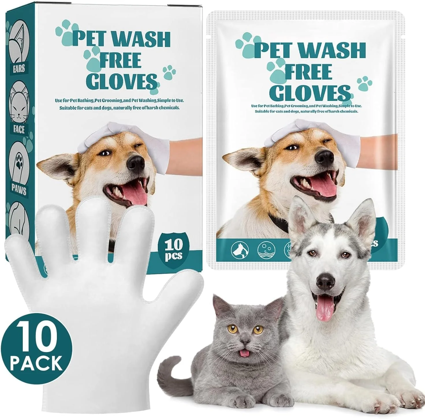 دستکش های نظافت بدون نیاز به آبکشی حیوانات خانگی Mumoo Bear، 10 عدد دستمال مرطوب تمیز کننده سگ و گربه بدون نیاز به شستشو برای صورت، گوش، چشم، پنجه ها، دستکش های بدن حیوانات خانگی، دستمال مرطوب حمام یکبار مصرف گیاهی، بدون نیاز به آبکشی، ضخیم و فوق العاده برای توله سگ