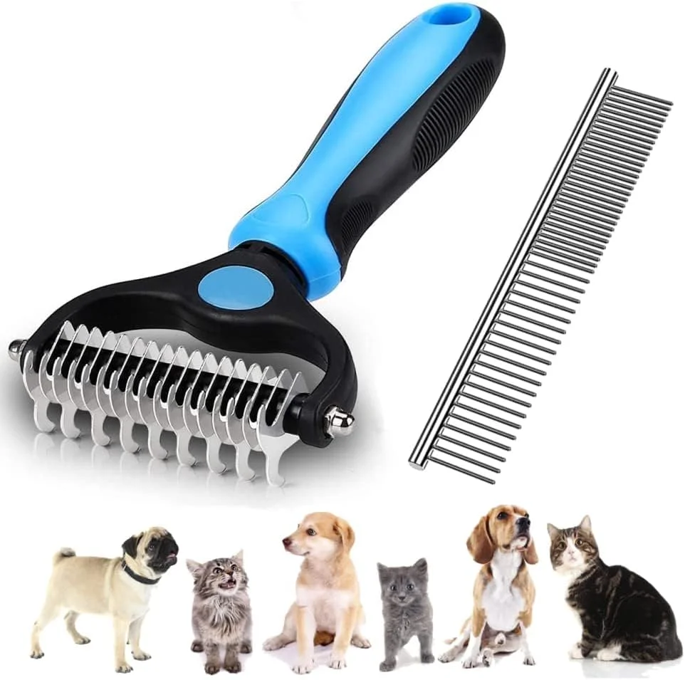 مجموعه ابزار نظافت حیوانات خانگی مامو بیر، برس گربه برای خزهای گره خورده، شانه از بین برنده گره برای سگ و گربه، ابزار ریزش موی دو طرفه برای از بین بردن گره های موی سگ و گربه مو بلند (مجموعه آبی)
