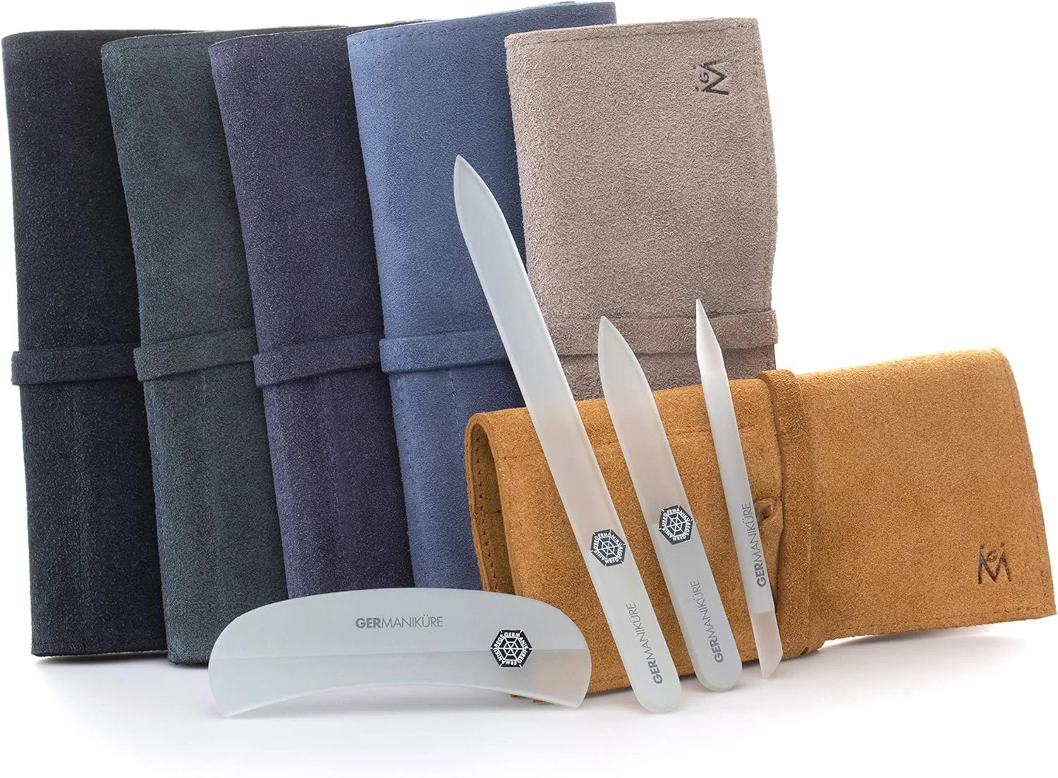 ست سوهان ناخن شیشه ای کریستالی خاکستری GERMANIKURE در جعبه جیر آبی روشن - ساخت دست در جمهوری چک - لوازم حرفه ای مانیکور و پدیکور - استیک کوتیکول شیشه ای، پوشر، سوهان ماه