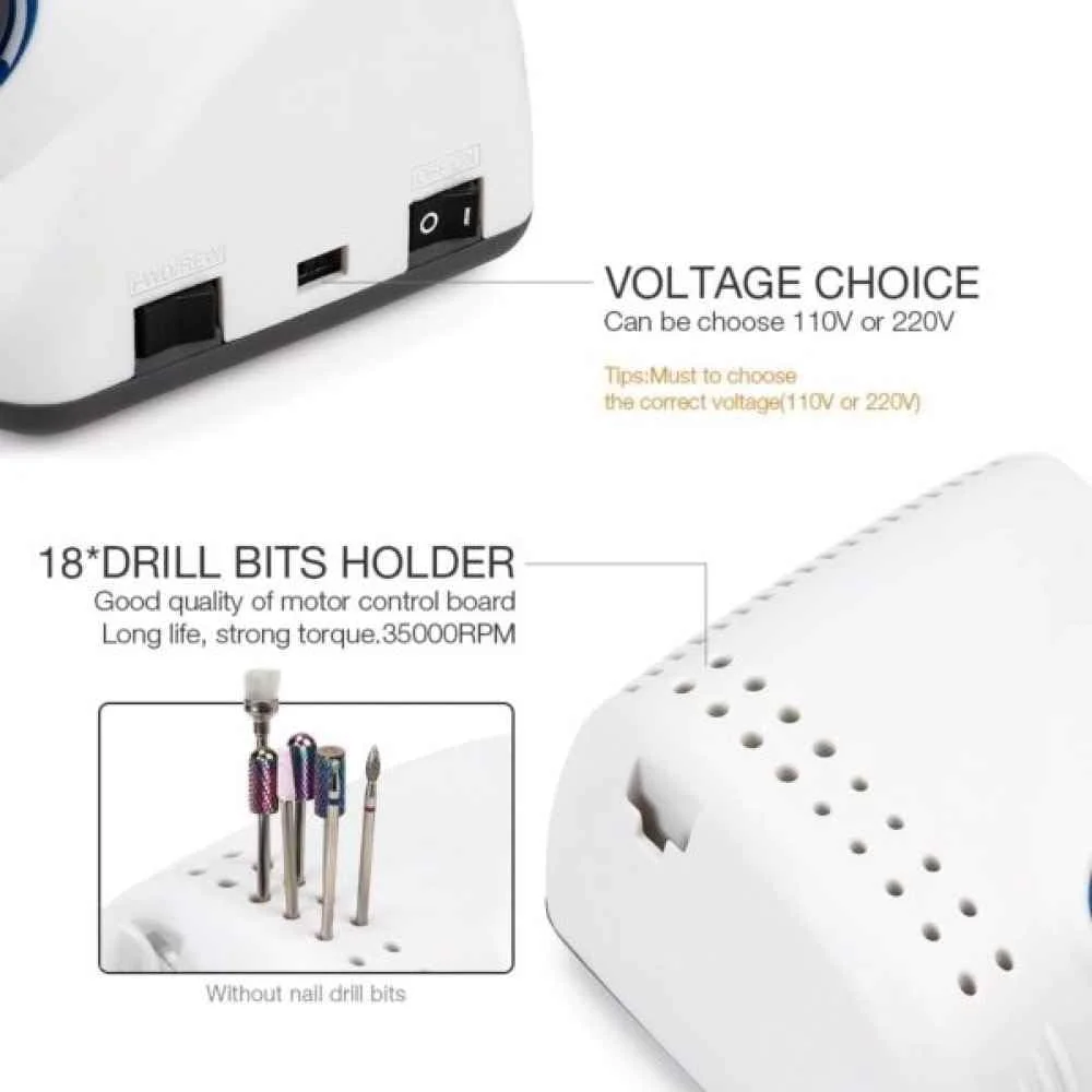 دستگاه سوهان برقی ناخن حرفه ای مدل Drill 210، 65 وات، 35000 دور در دقیقه - ابزار سوهان برقی پرسرعت مانیکور و پدیکور به همراه پدال پایی، هندپیس قابل حمل برای ناخن های اکریلیک و ژل، ولتاژ دوگانه 110 ولت/220 ولت، سفید