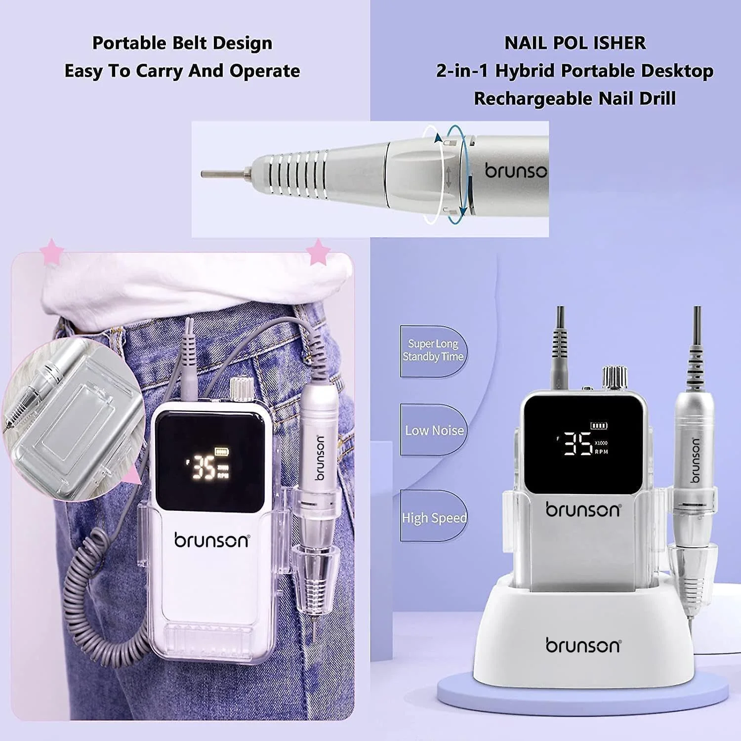 دستگاه مانیکور برقی ناخن برانسون، دستگاه پولیش و سوهان ناخن 35000 دور در دقیقه، دارای صفحه نمایش LED به همراه قلم نگهدارنده و سری های سوهان برای مانیکور و از بین بردن لاک ژل