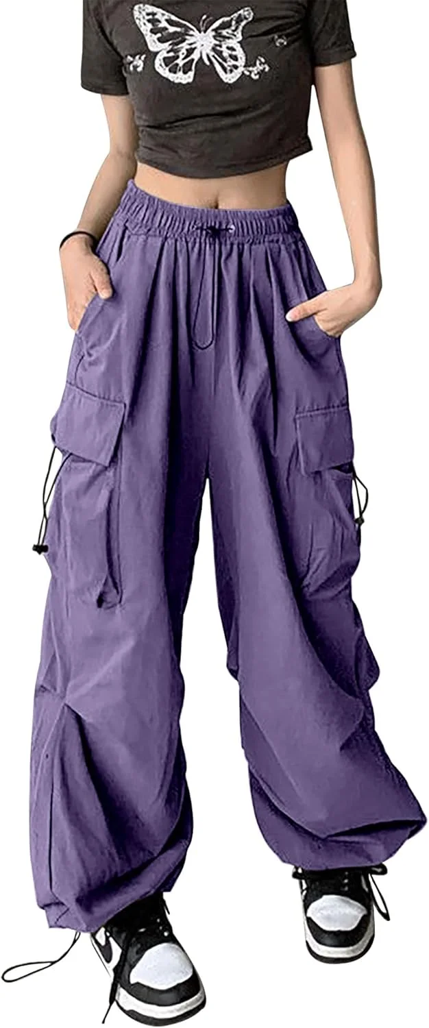 شلوار کارگو چتر نجات DINGJIUYAN زنانه، گوتیک Y2k، سایز بزرگ، کمر کشی، شلوار هاراجوکو پانک جاگر