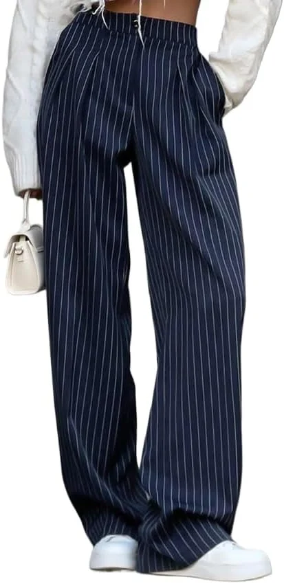 شلوار زنانه وای تو کی کاتج‌کور، شلوار راه راه گشاد و قدیمی، لباس دکمه‌دار با جیب به سبک هاراجوکو، سرمه‌ای، سایز ایکس لارج